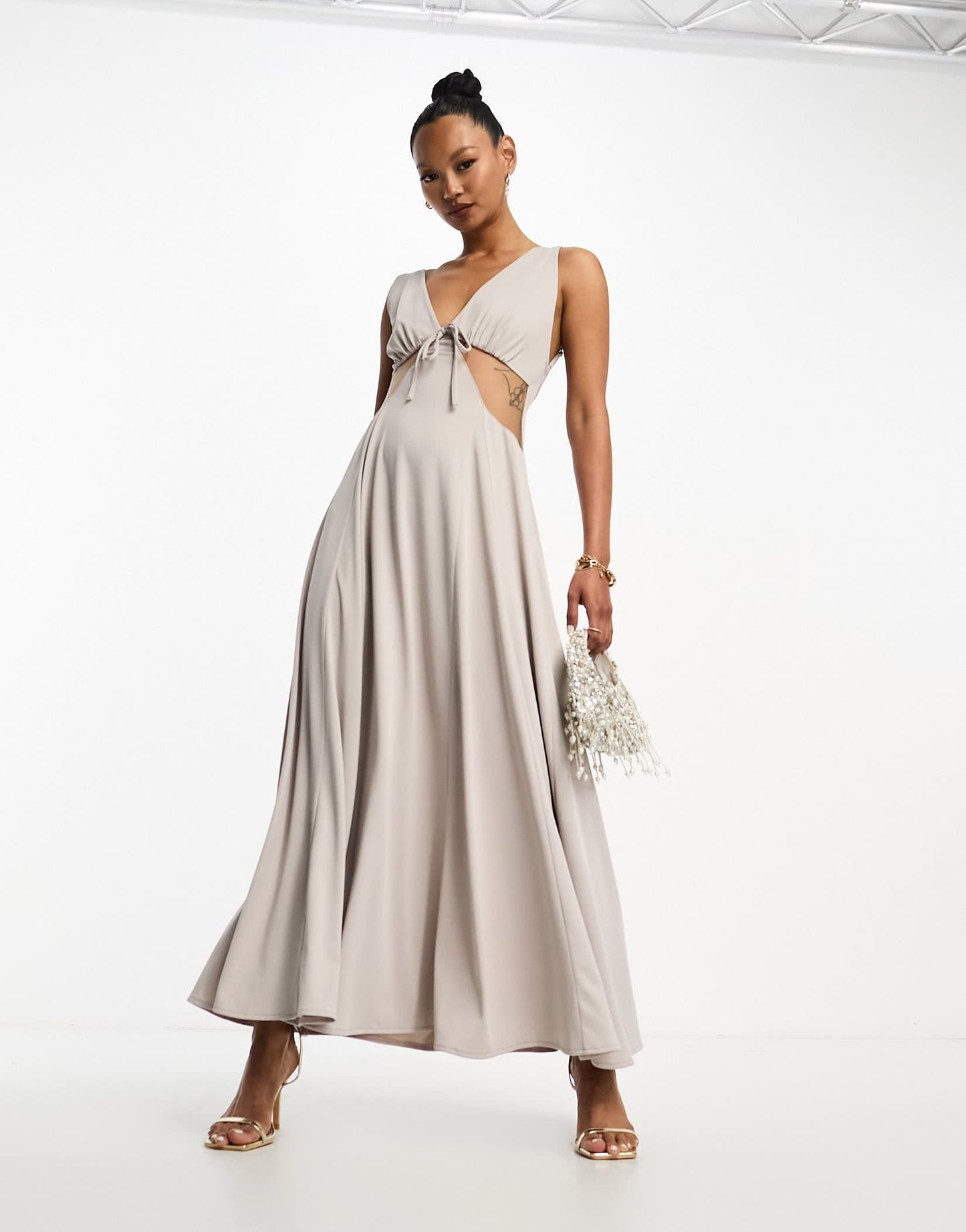 ASOS DESIGN strappy mesh insert cut out maxi dress in stone