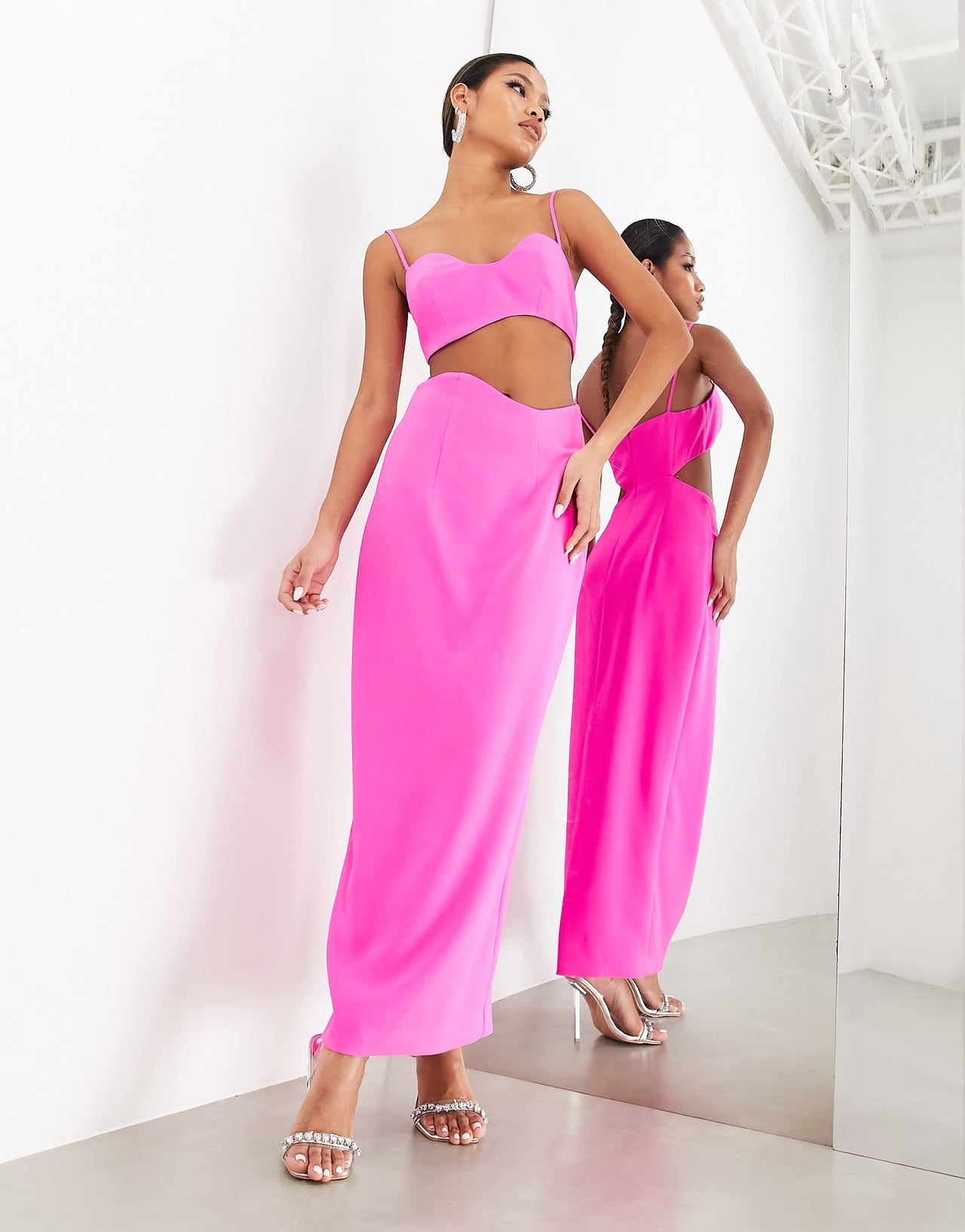 ASOS EDITION cami wavey cut out midi dress in bright pink