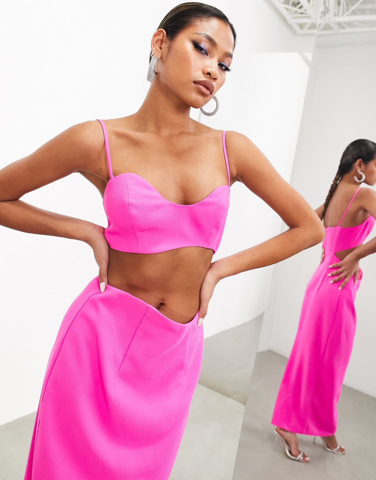 ASOS EDITION cami wavey cut out midi dress in bright pink