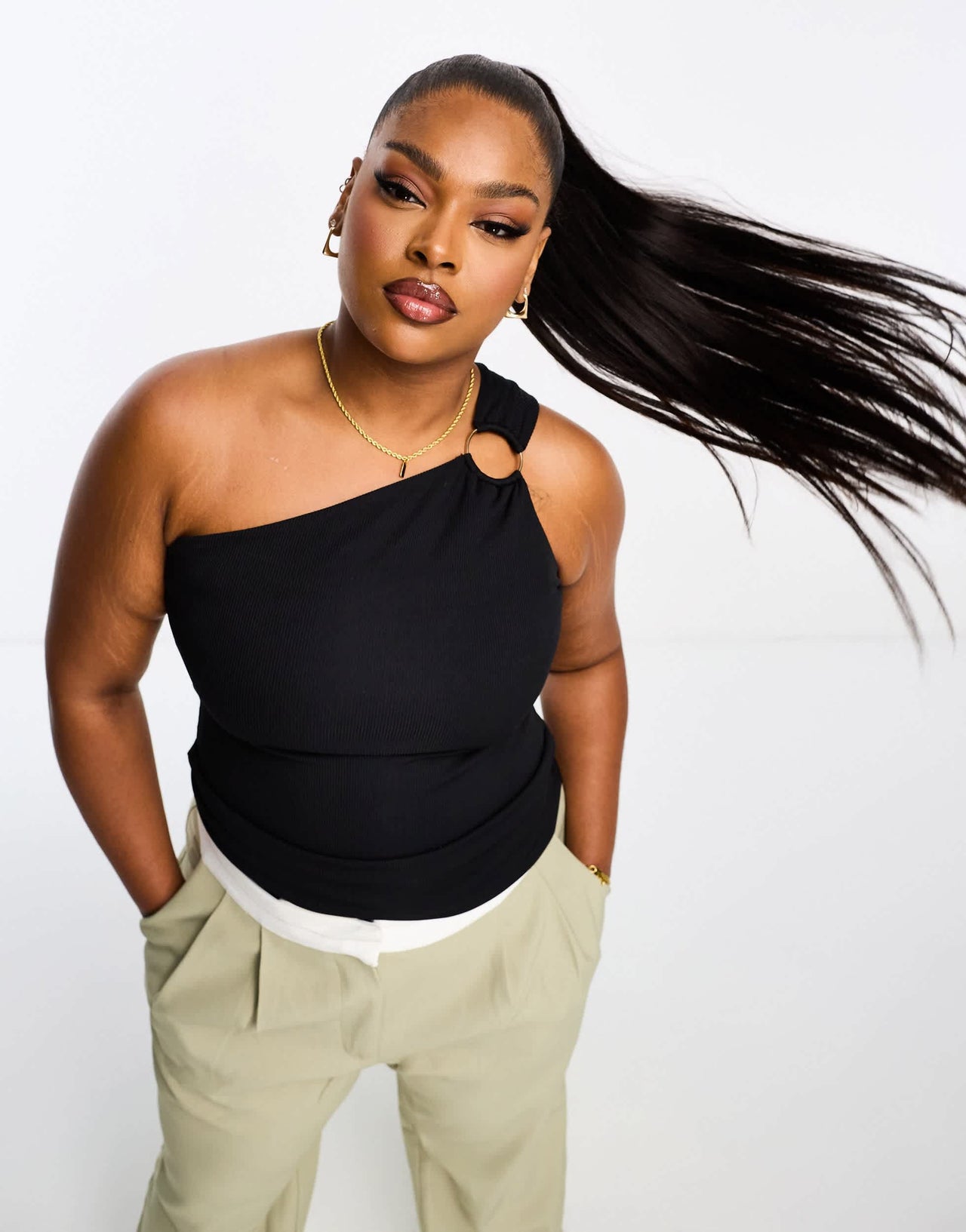 River Island Plus asymmetric ruched trim top in black