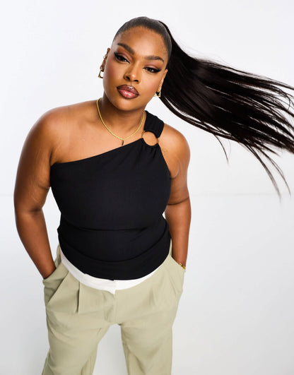 River Island Plus asymmetric ruched trim top in black