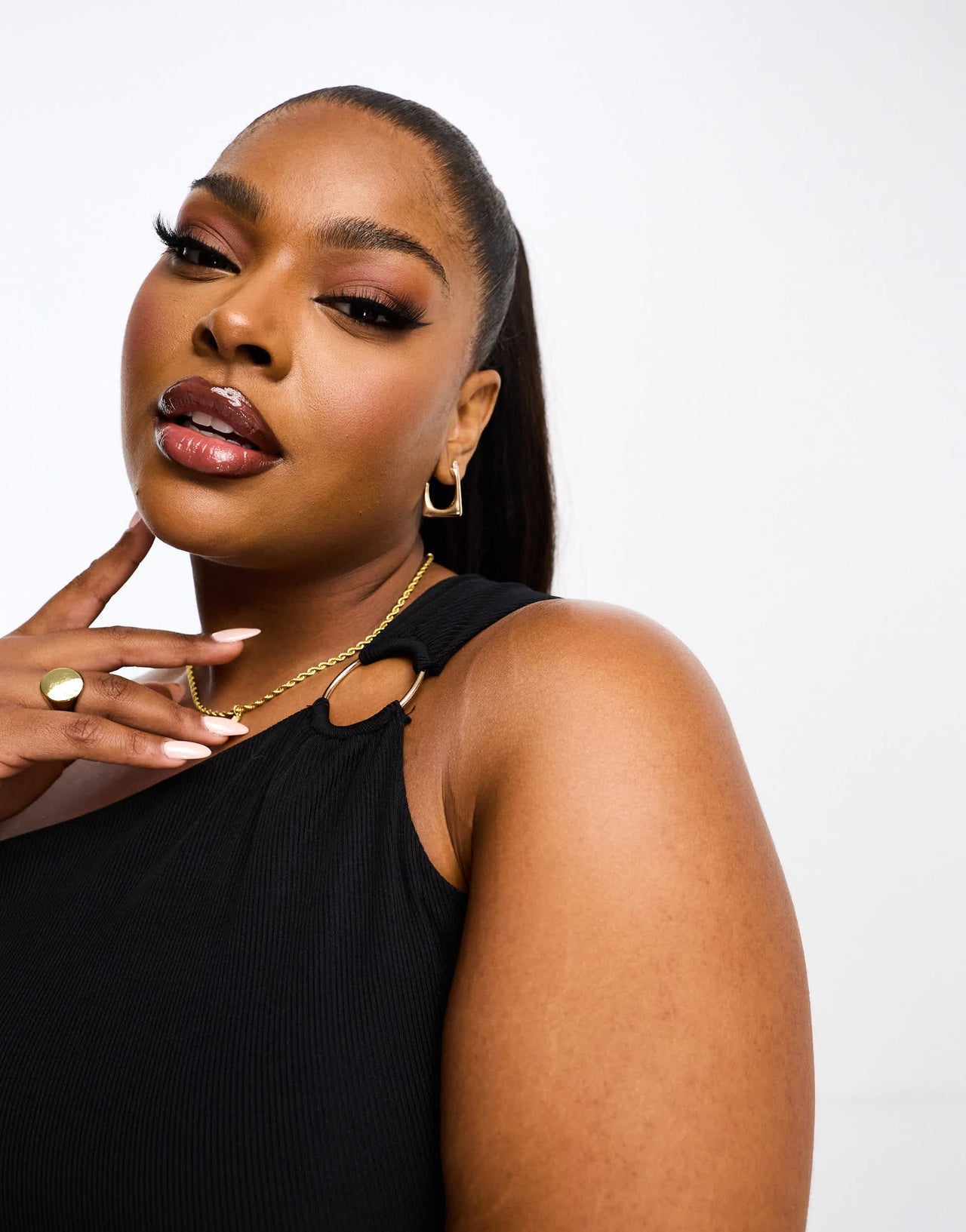 River Island Plus asymmetric ruched trim top in black