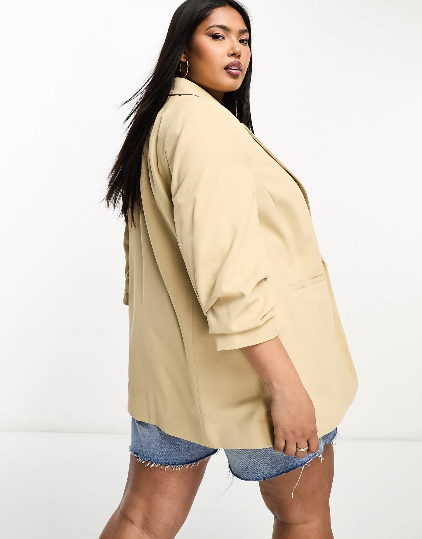 River Island Plus pleated sleeve blazer in dark beige