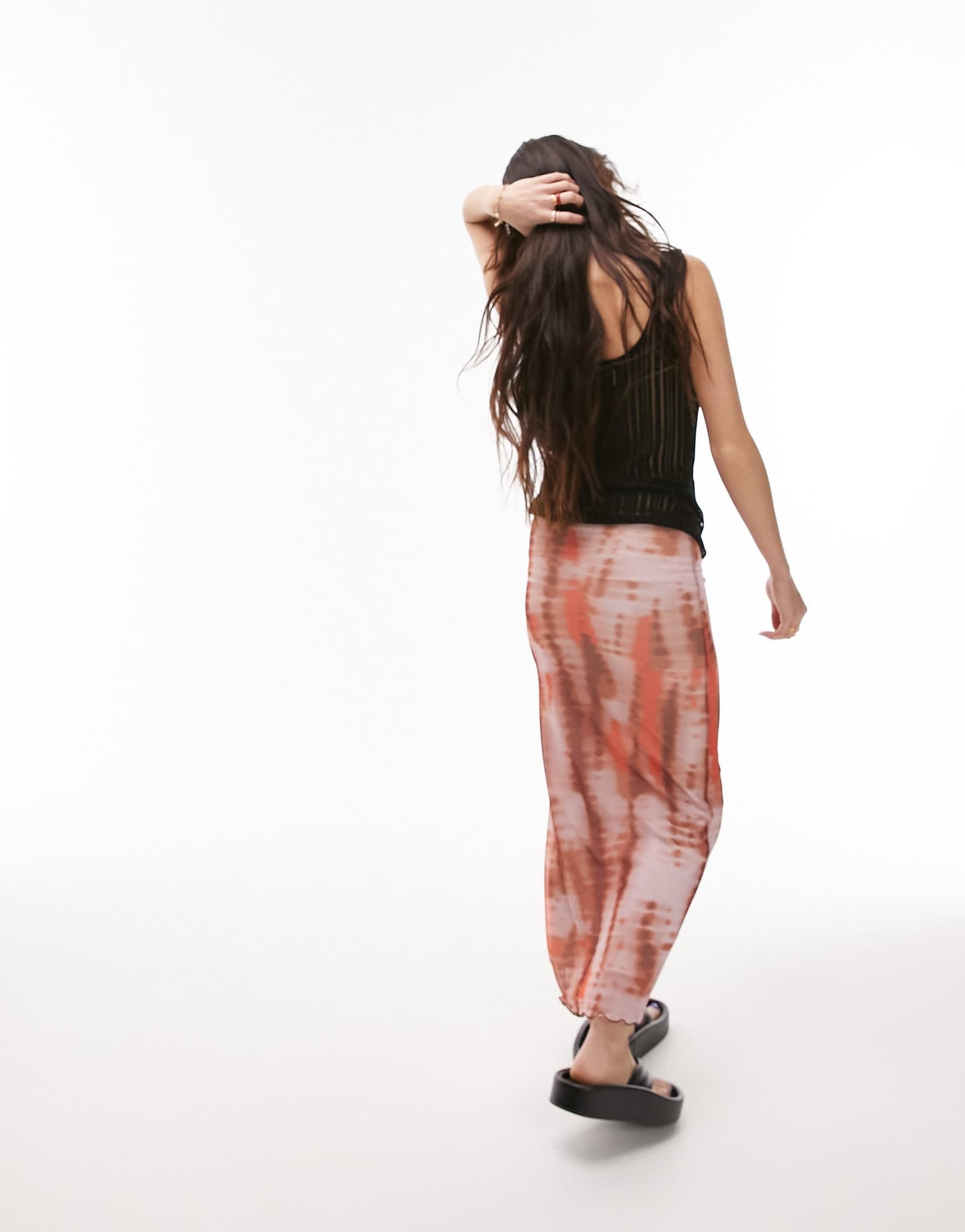 Topshop mesh tie dye picot trim midi skirt in red