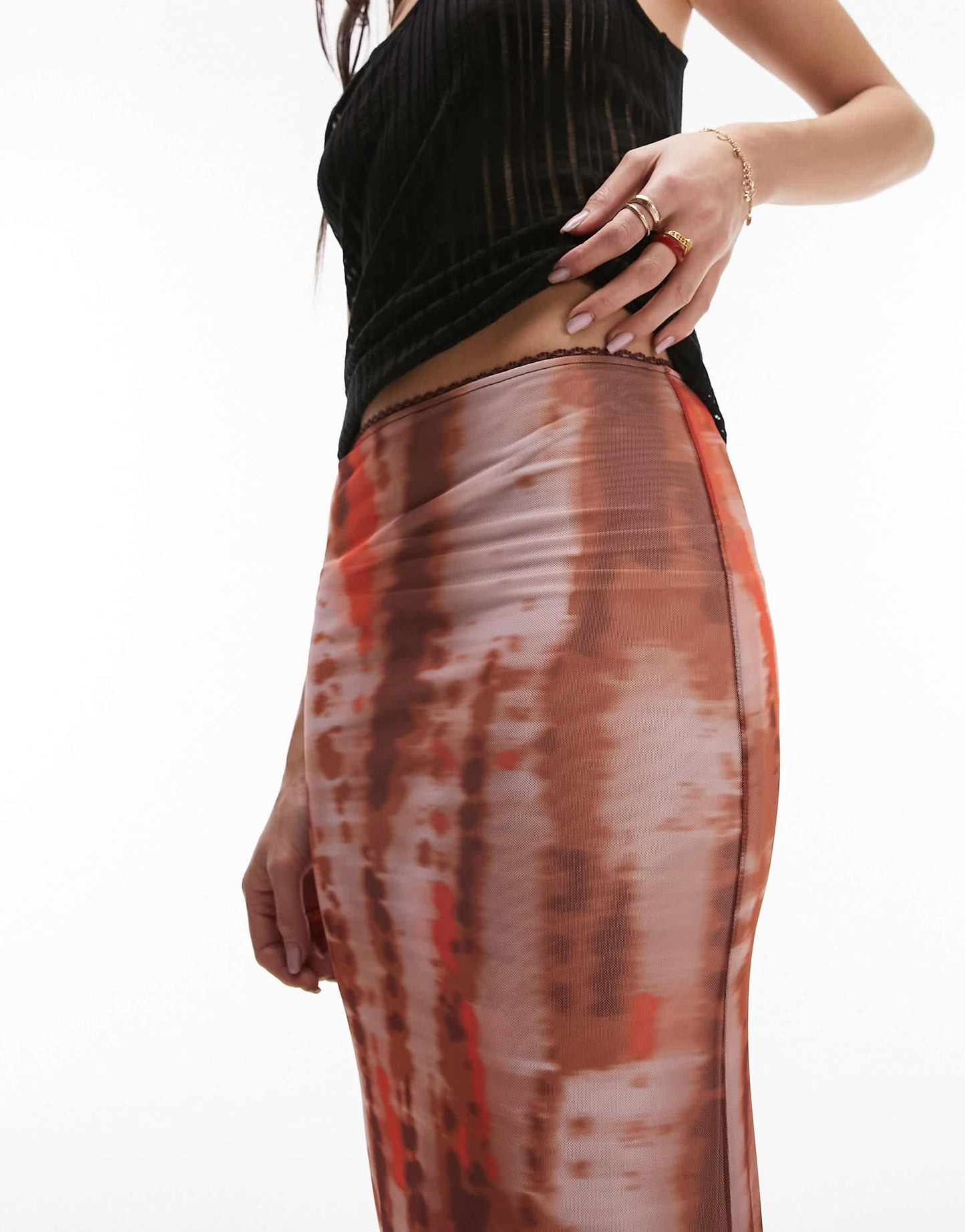 Topshop mesh tie dye picot trim midi skirt in red