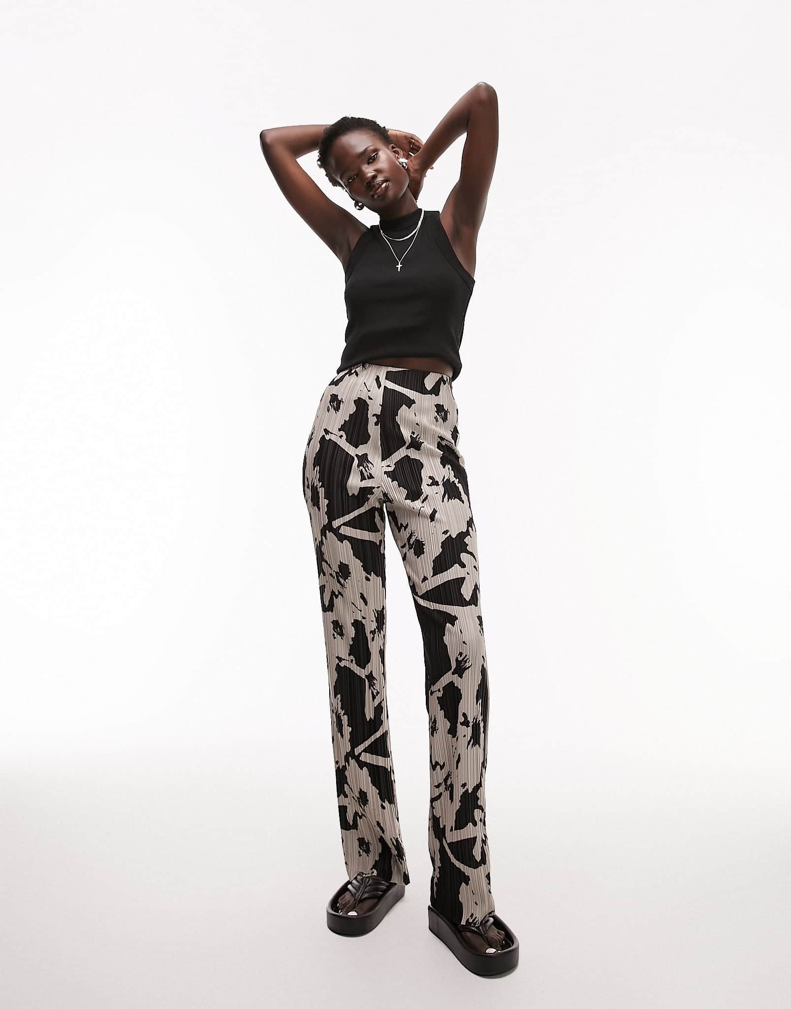 Topshop Tall floral printed plisse straight leg trouser in mono
