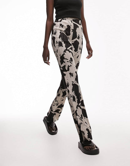 Topshop Tall floral printed plisse straight leg trouser in mono