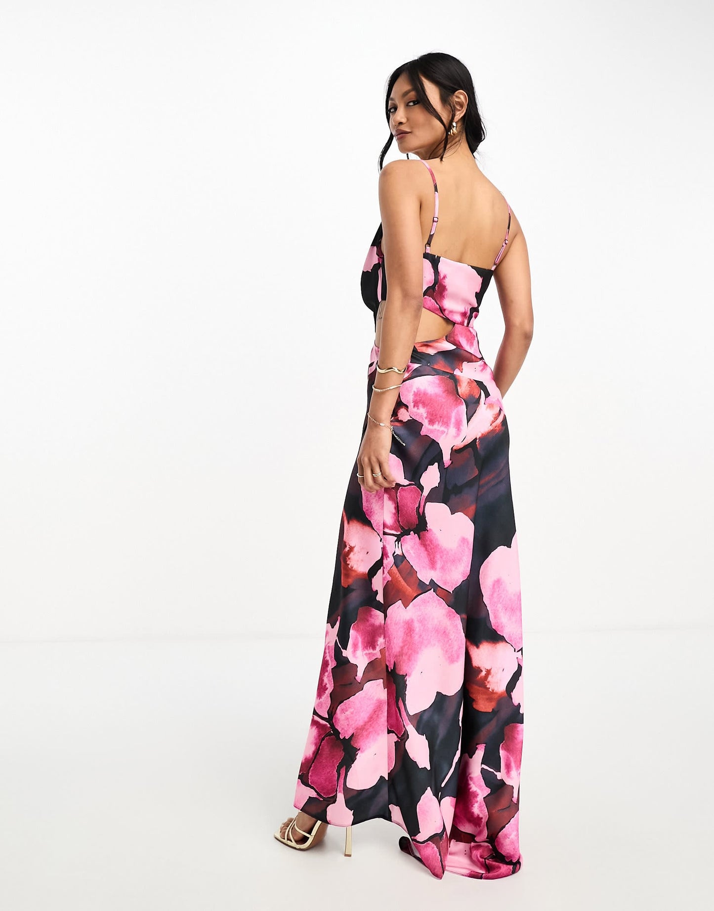 ASOS DESIGN satin cowl midaxi dress with cut out waist and graduated hem in black floral print