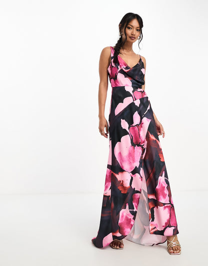 ASOS DESIGN satin cowl midaxi dress with cut out waist and graduated hem in black floral print