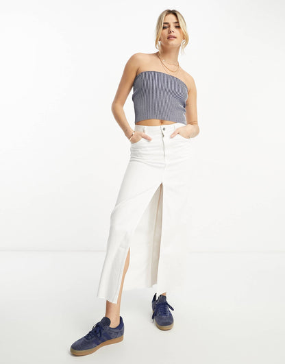 Pull&Bear acid wash ribbed bandeau tube top in blue