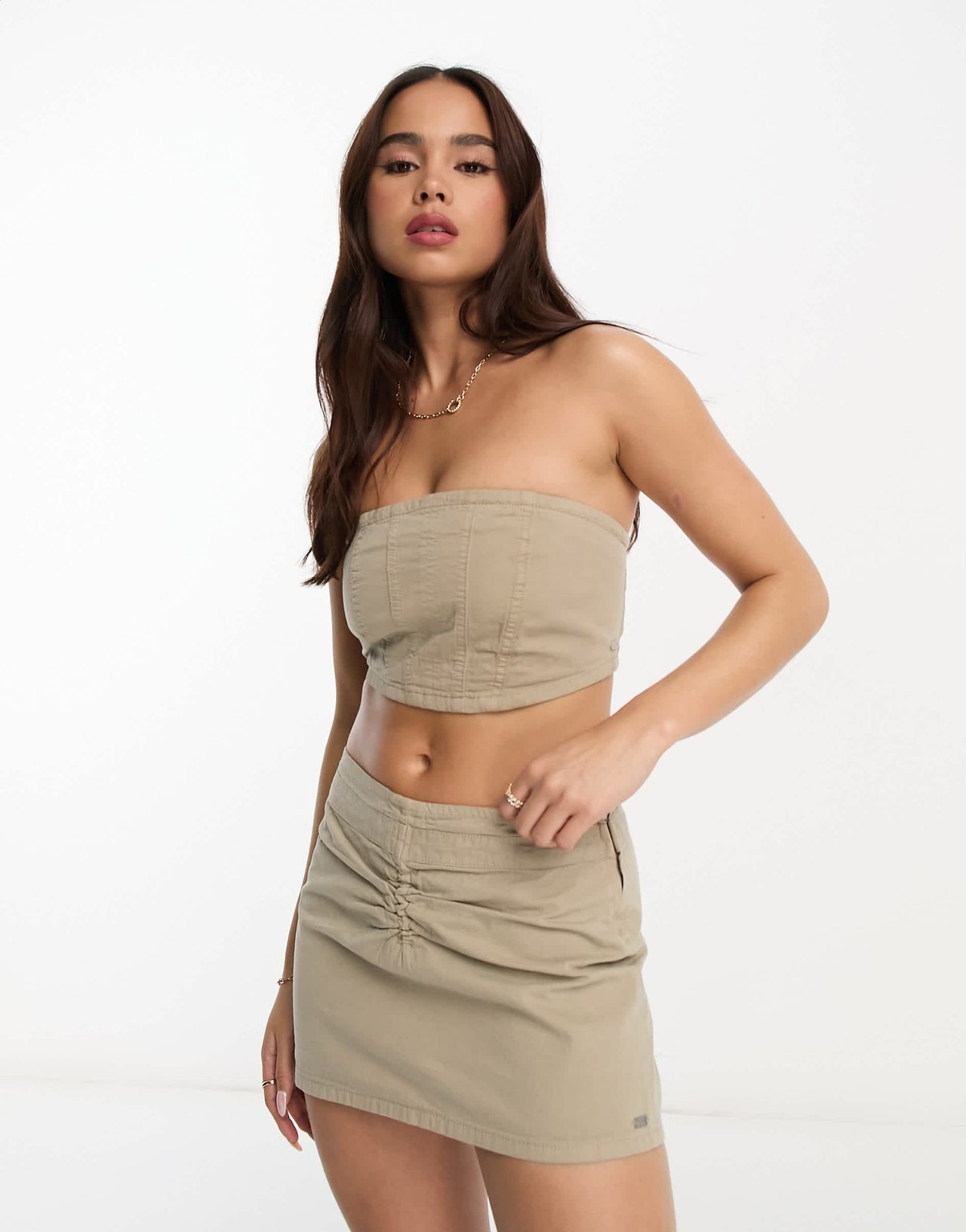 Pull&Bear bandeau corset co-ord in washed sand