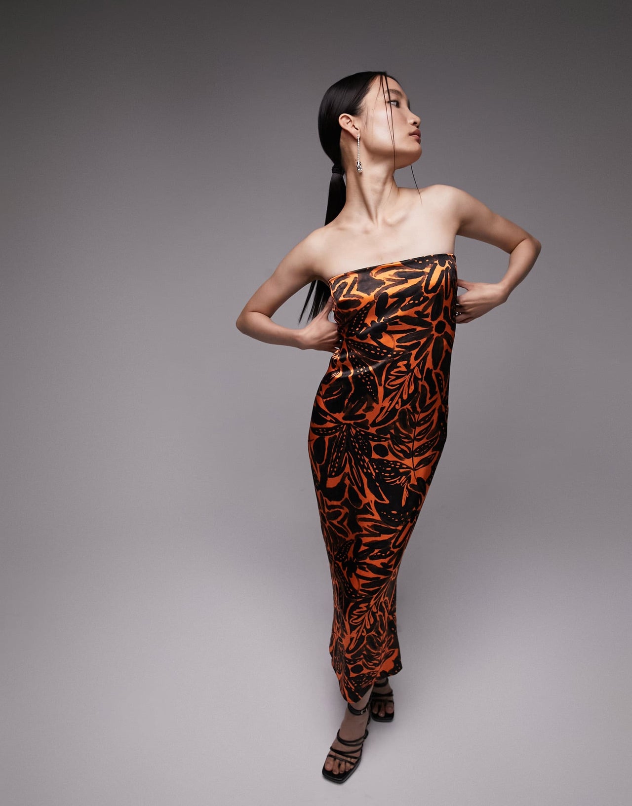 Topshop ruched bust bandeau midi dress in tropical print