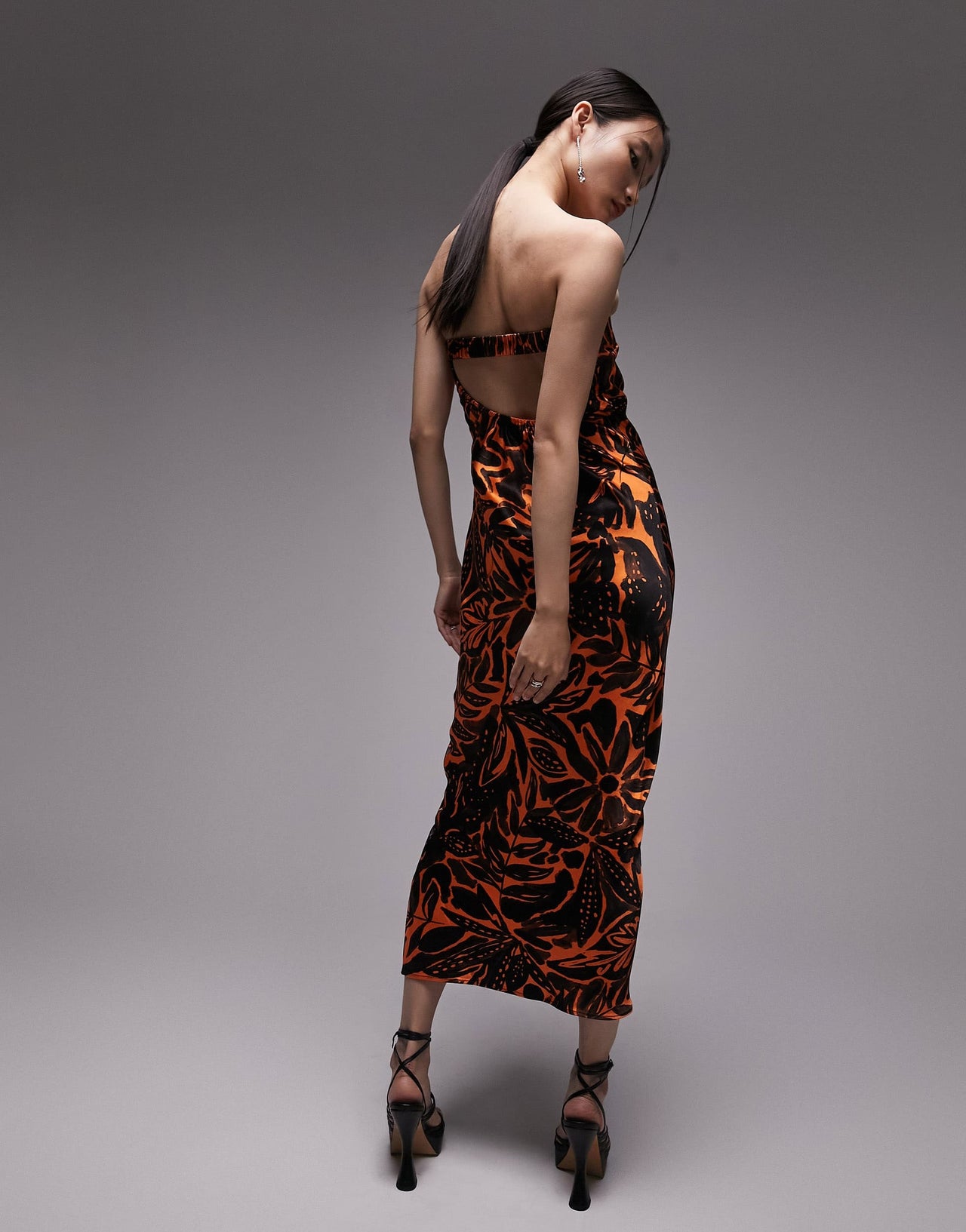 Topshop ruched bust bandeau midi dress in tropical print