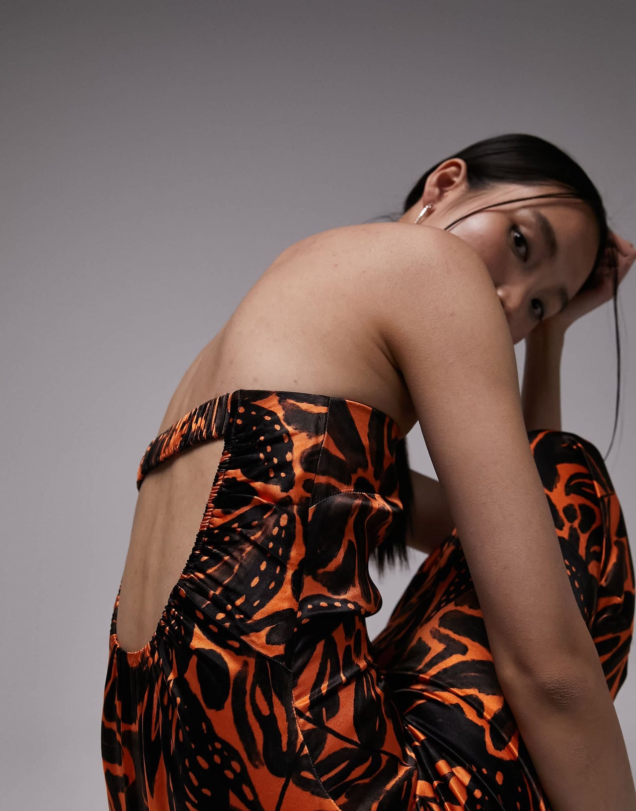 Topshop ruched bust bandeau midi dress in tropical print