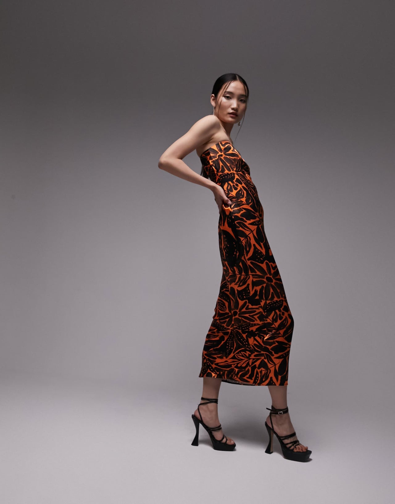 Topshop ruched bust bandeau midi dress in tropical print