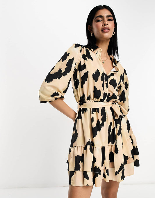 River Island leopard print wrap mini shirt dress in beige