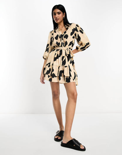 River Island leopard print wrap mini shirt dress in beige