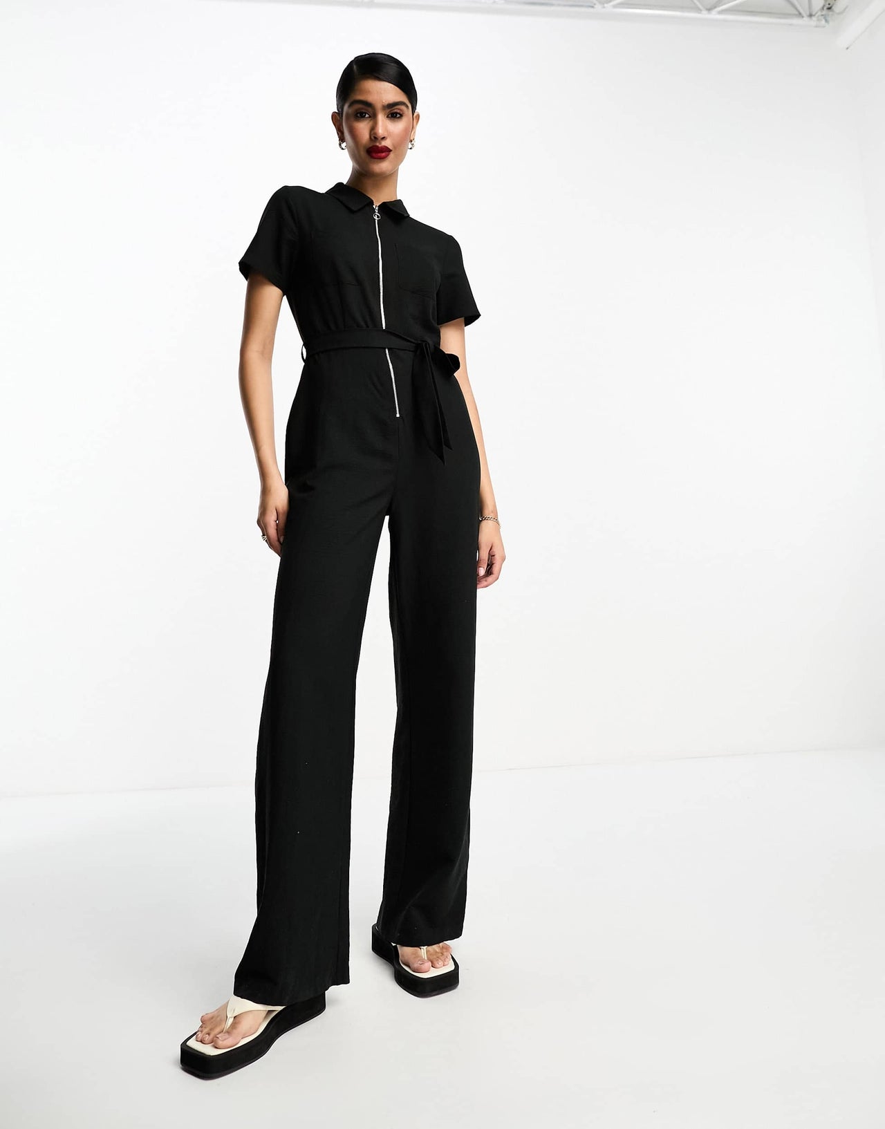 Miss Selfridge belted soft utility jumpsuit in black