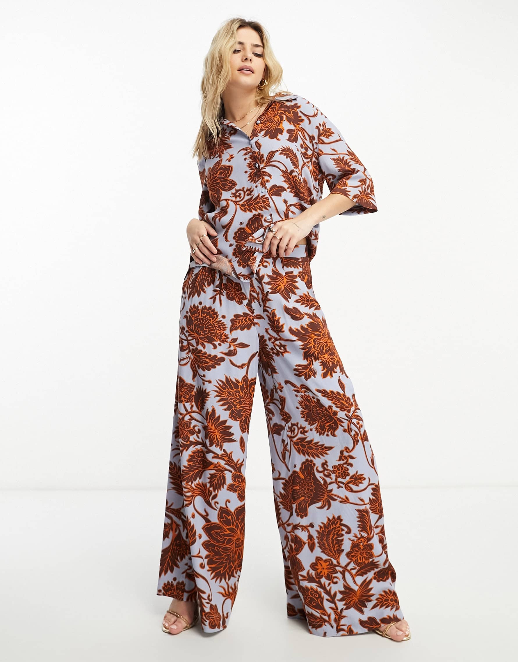 Vero Moda Aware wide leg trousers co-ord in blue and brown florals