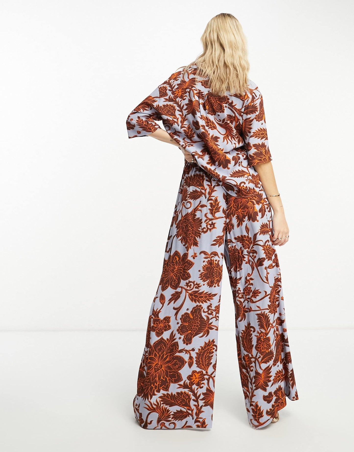 Vero Moda Aware wide leg trousers co-ord in blue and brown florals
