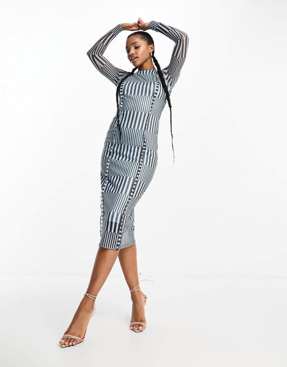 Vero Moda geo printed mesh midi dress with seam detail in blue and brown