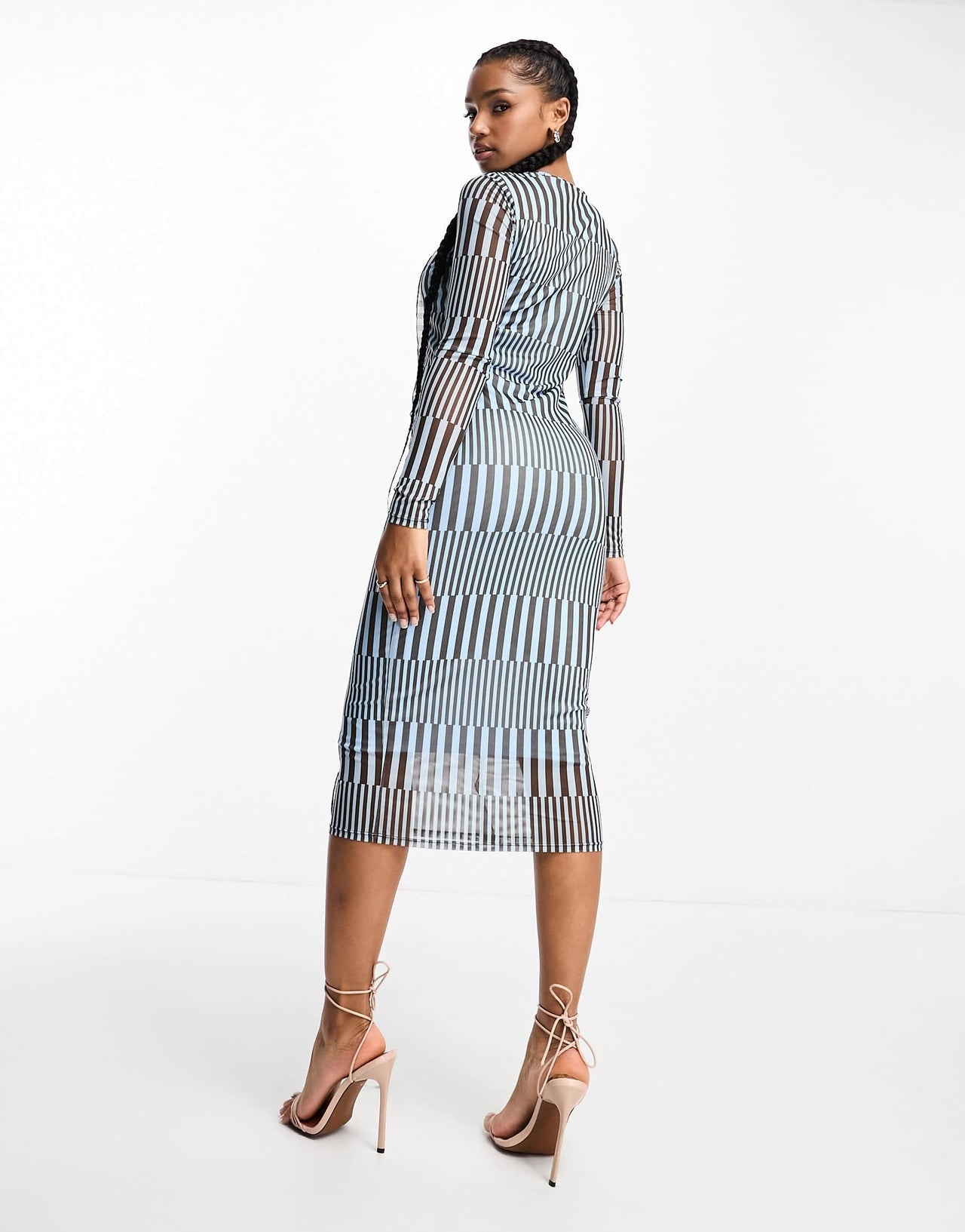 Vero Moda geo printed mesh midi dress with seam detail in blue and brown