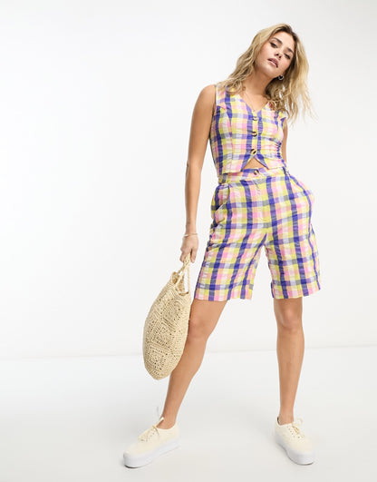 Monki co-ord seersucker tailored shorts in patchwork check