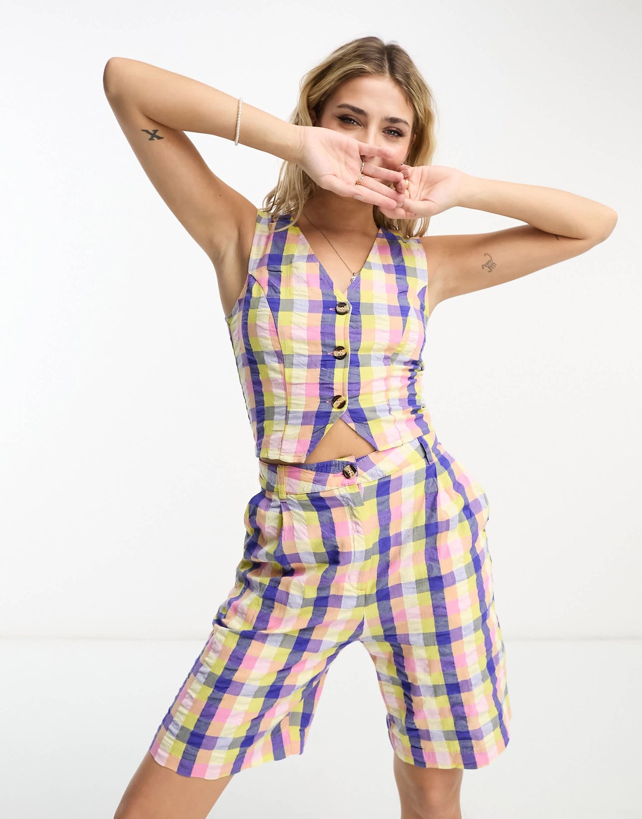 Monki co-ord seersucker tailored shorts in patchwork check