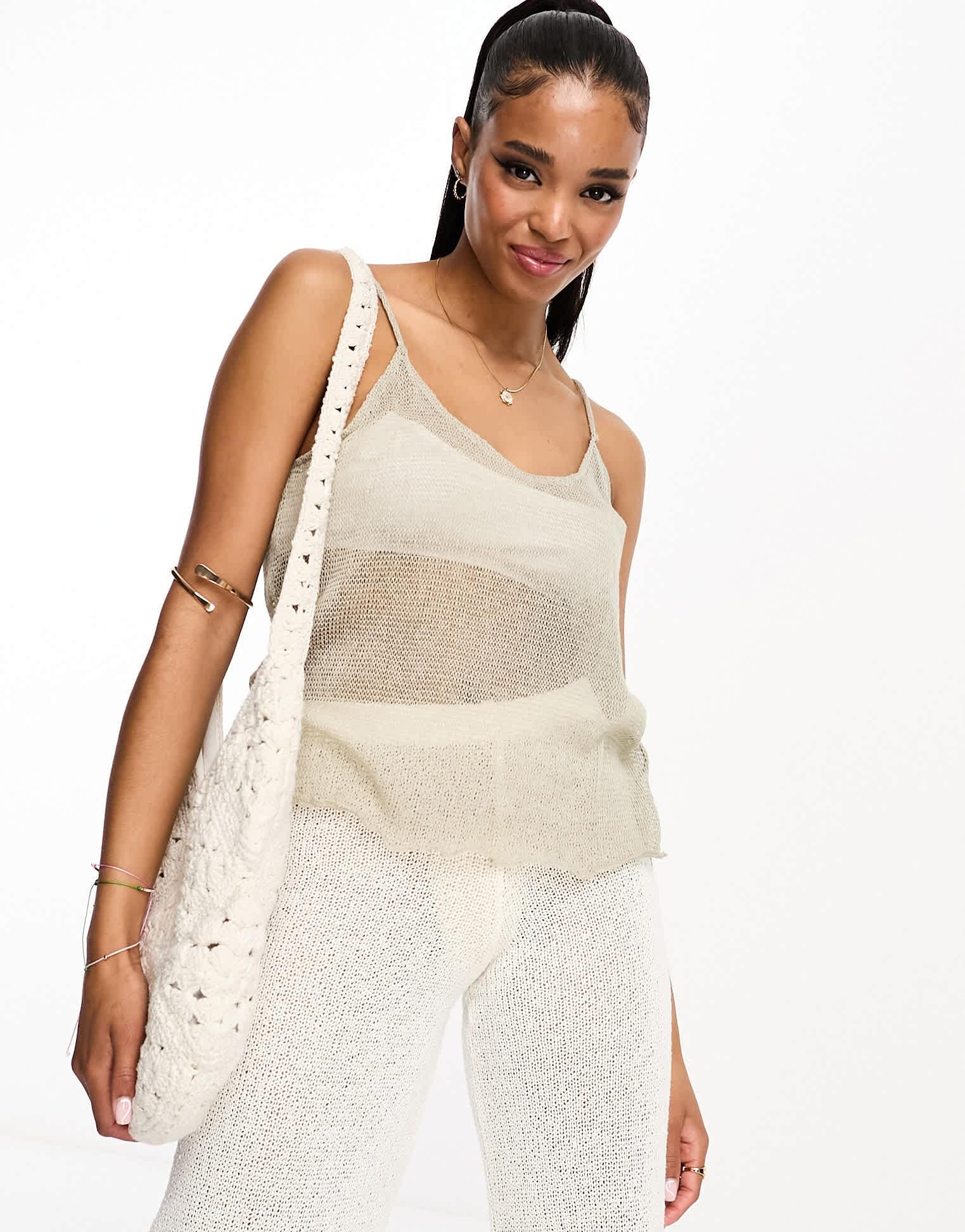 Pull&Bear knitted cami top in pale khaki