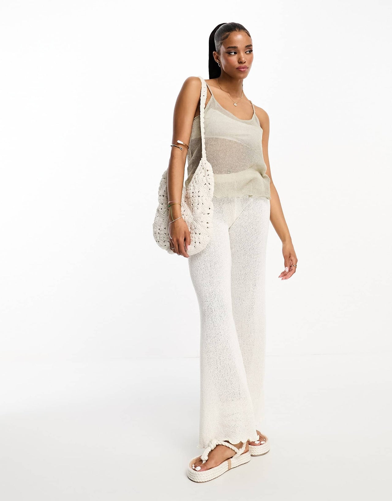 Pull&Bear knitted cami top in pale khaki