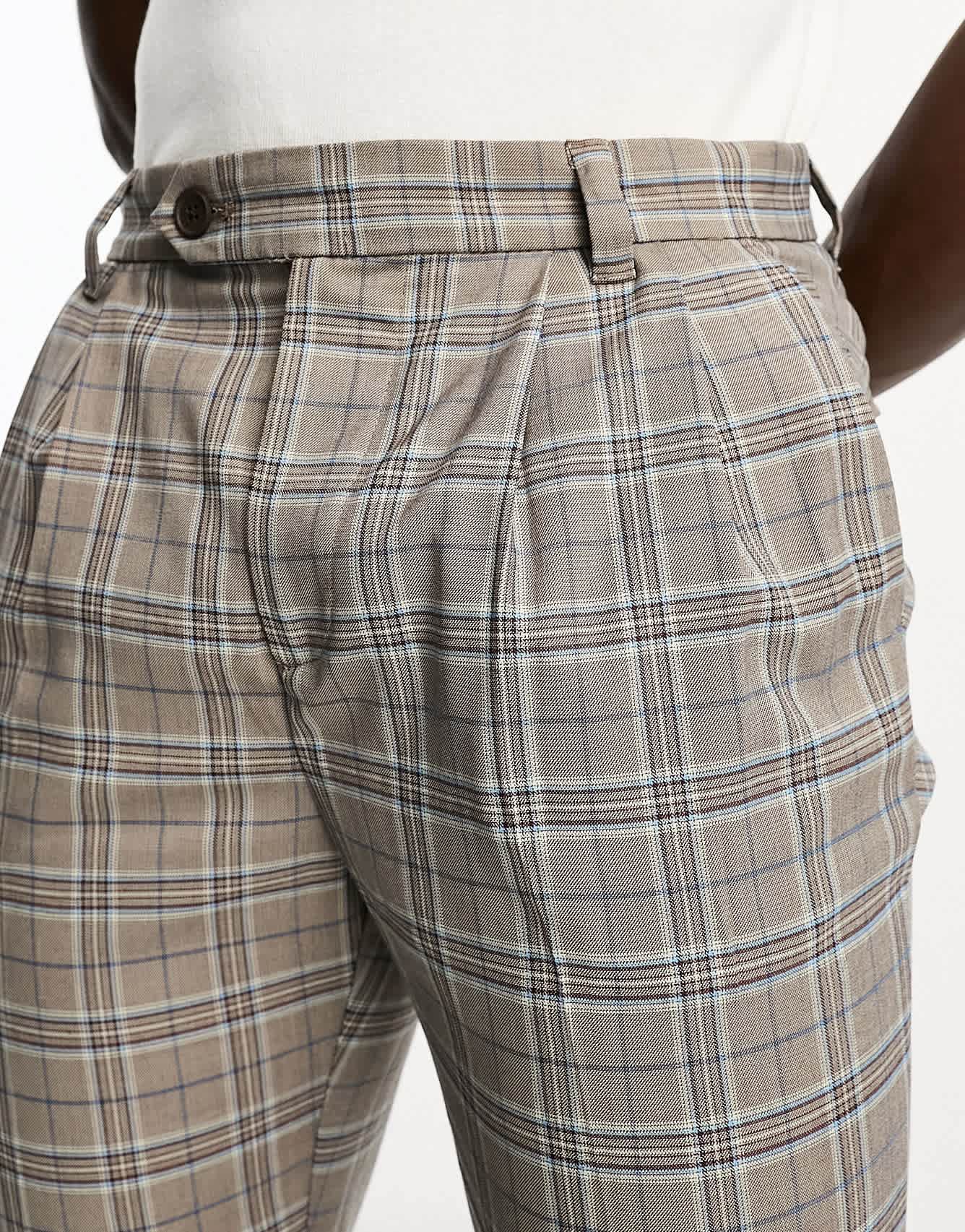 New Look pleat front smart tapered trousers in brown check