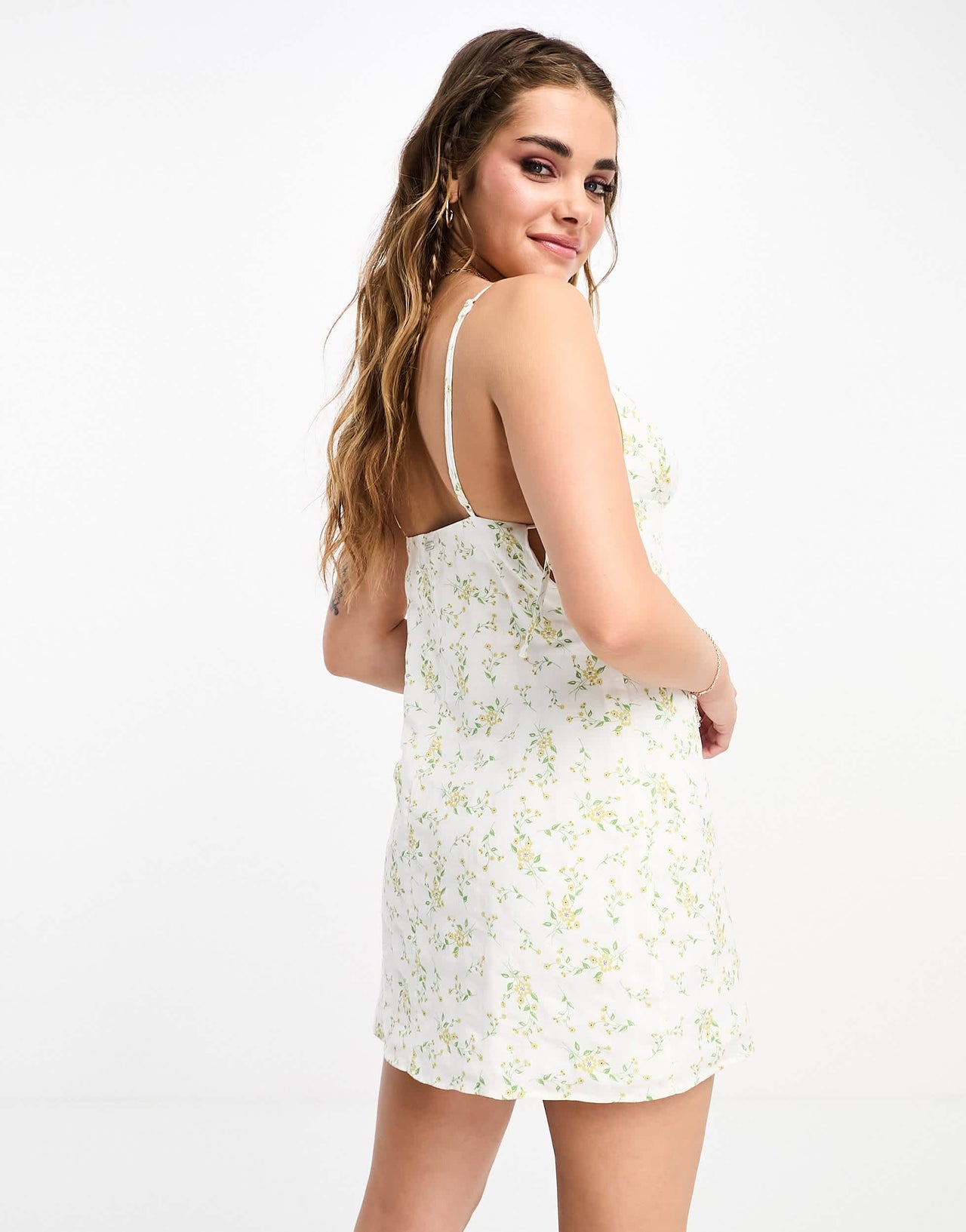 Pull&Bear ditsy tie back dress in white floral