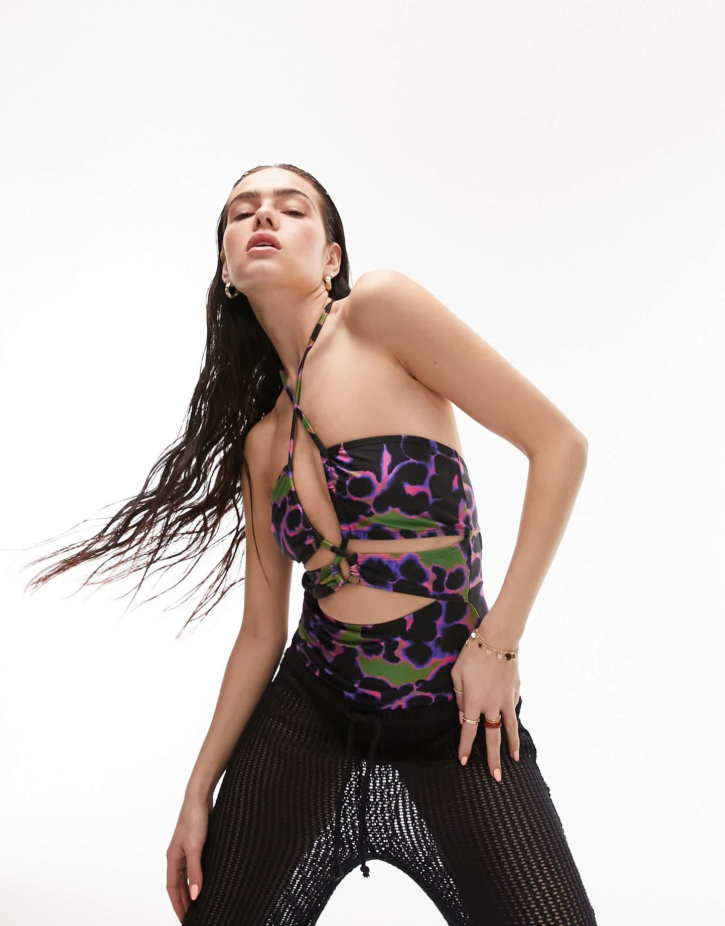 Topshop smudge animal cut-out halterneck swimsuit in multi