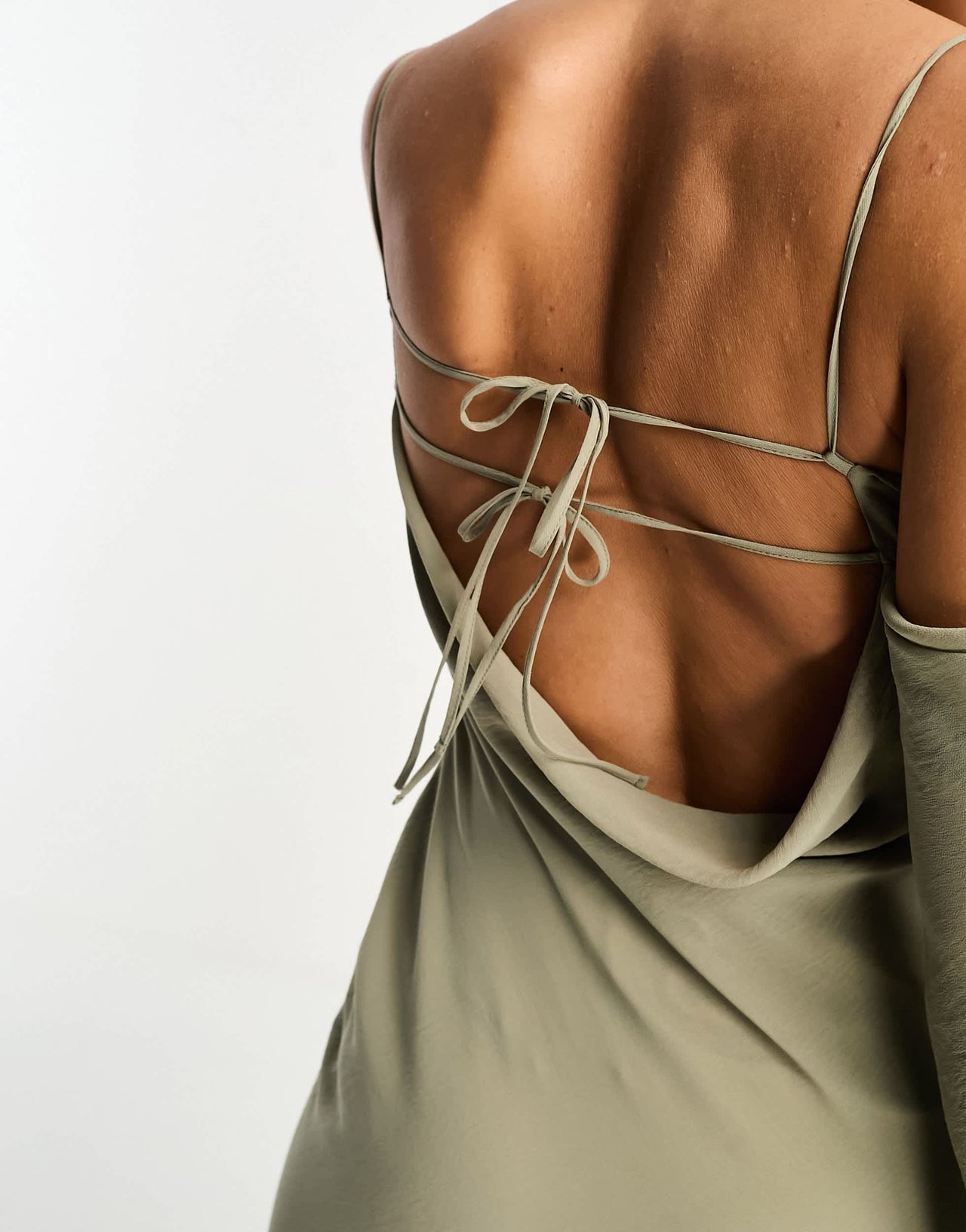 ASOS DESIGN cold shoulder long sleeve tie front bias maxi dress in khaki