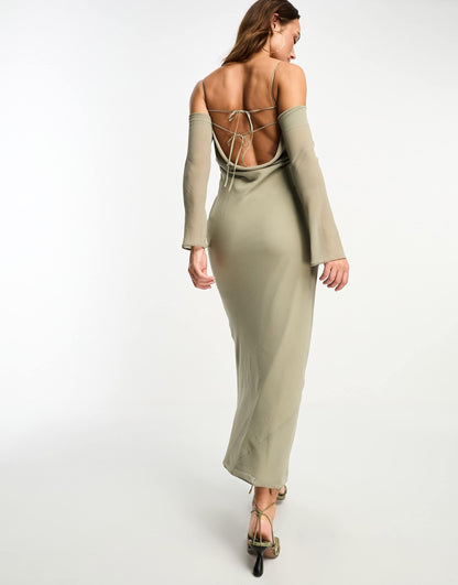 ASOS DESIGN cold shoulder long sleeve tie front bias maxi dress in khaki