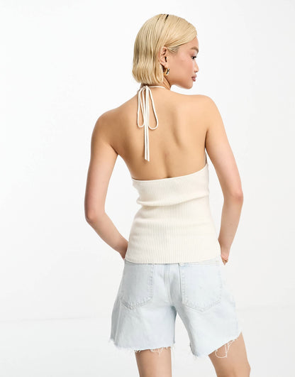 & Other Stories cut-out rib knit halter bustier top in off white