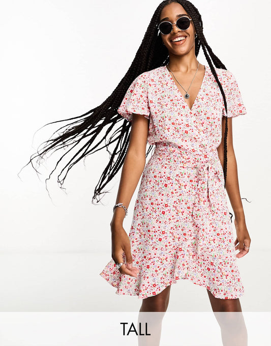 JDY Tall belted wrap mini dress in red and pink floral