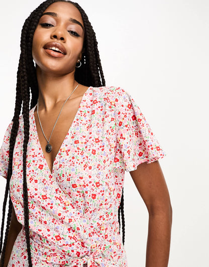 JDY Tall belted wrap mini dress in red and pink floral