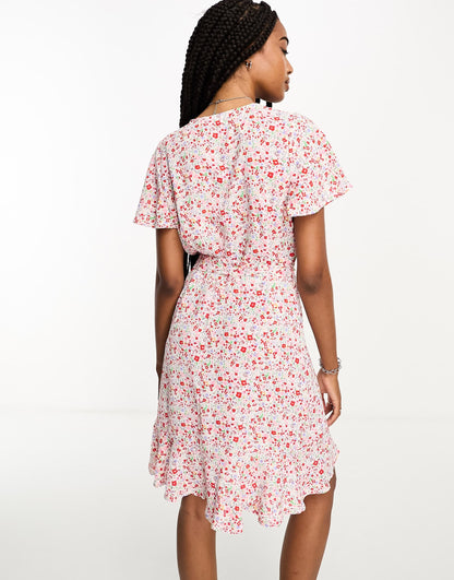 JDY Tall belted wrap mini dress in red and pink floral
