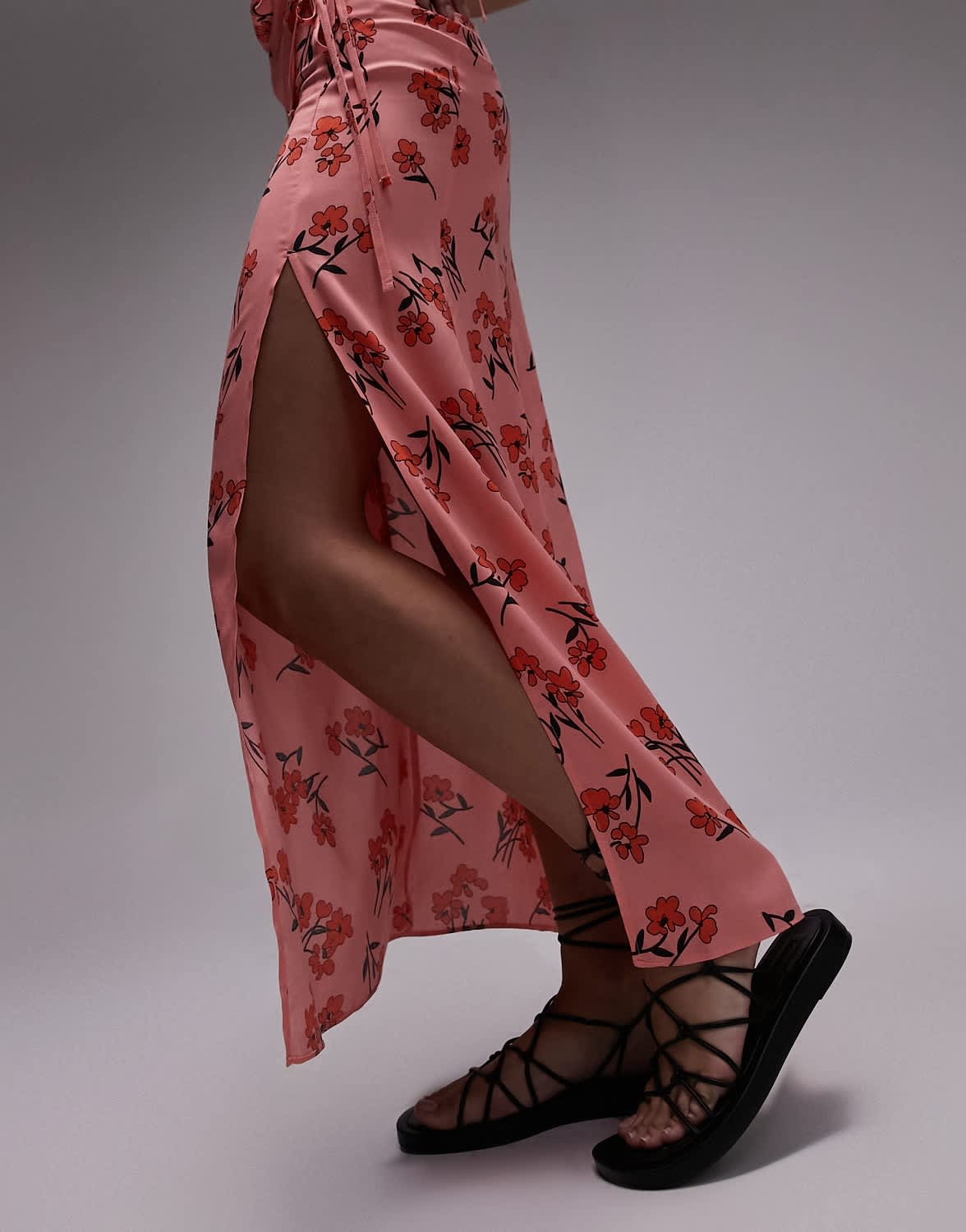 Topshop co-ord cherry blossom split maxi skirt in pink