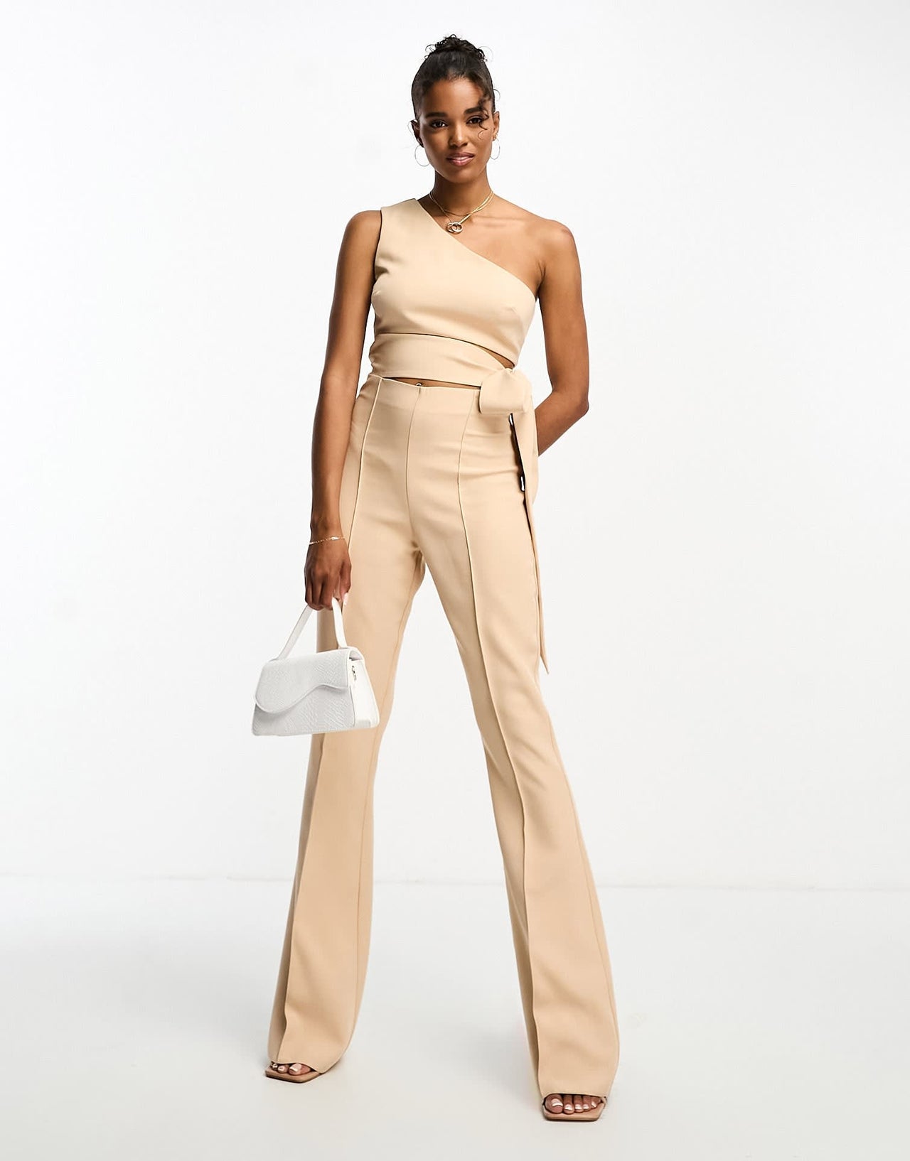 ASOS DESIGN tailored one shoulder kickflare jumpsuit in blush