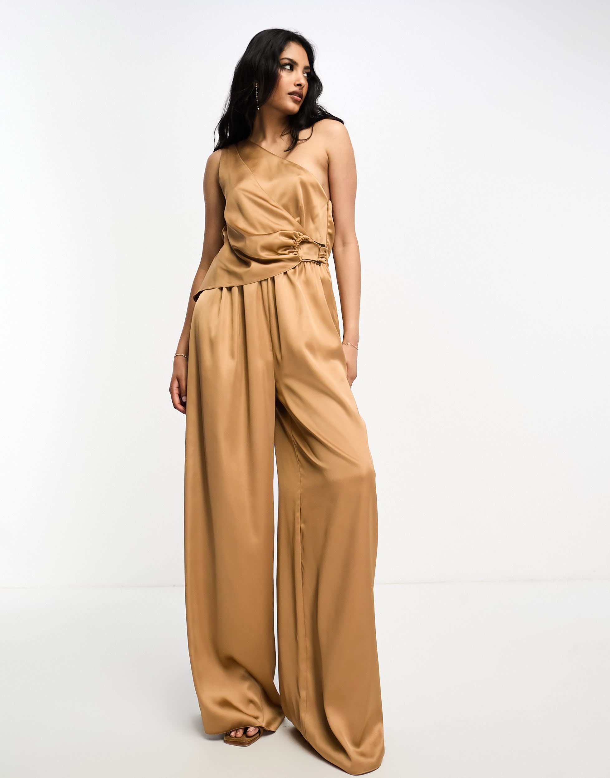 ASOS DESIGN satin drape jumpsuit with gold hardware in camel