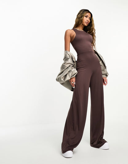 ASOS DESIGN soft touch racer neck jumpsuit with wide leg in chocolate