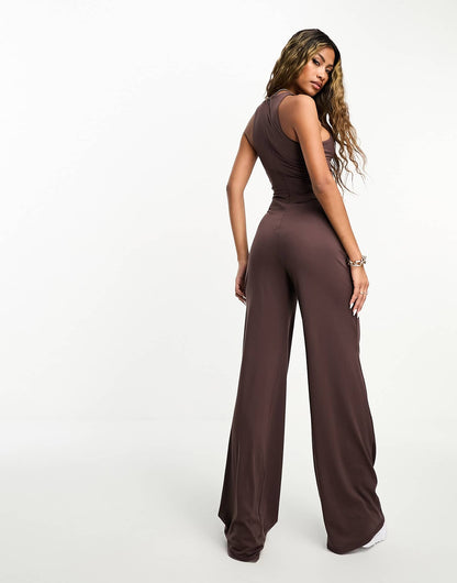 ASOS DESIGN soft touch racer neck jumpsuit with wide leg in chocolate