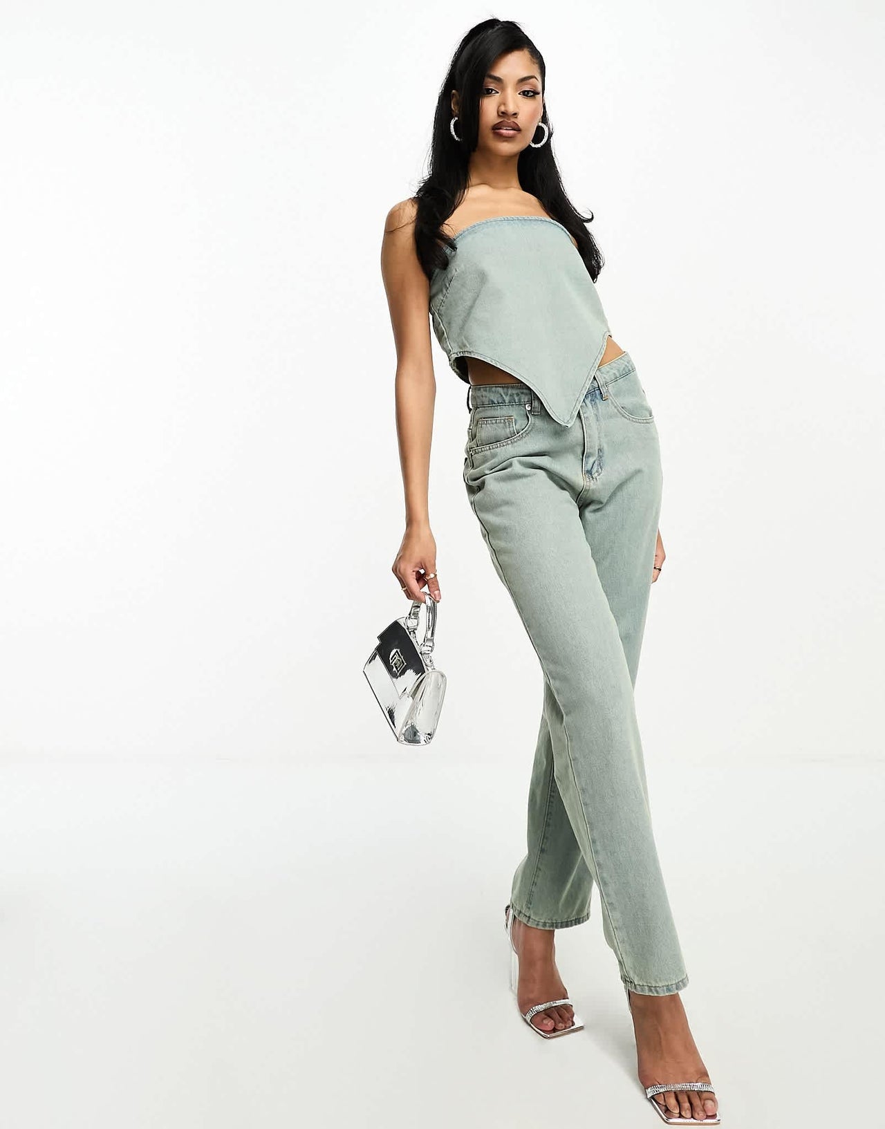 Fae denim hankerchief top co-ord in dirty bleach blue