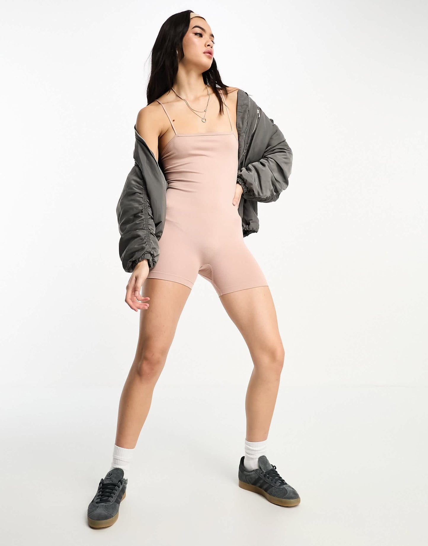 Bershka seamless straight neck unitard in pale pink