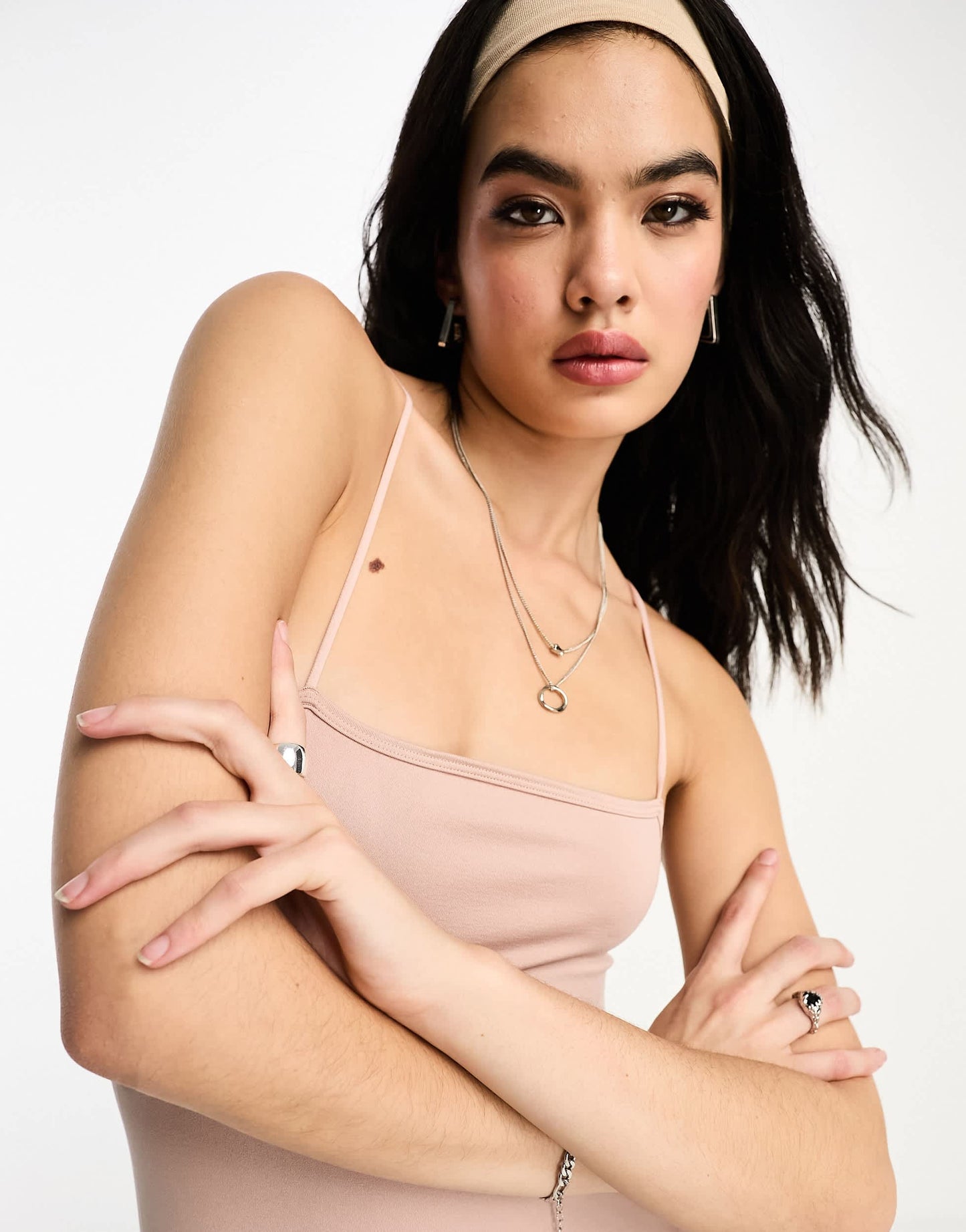 Bershka seamless straight neck unitard in pale pink