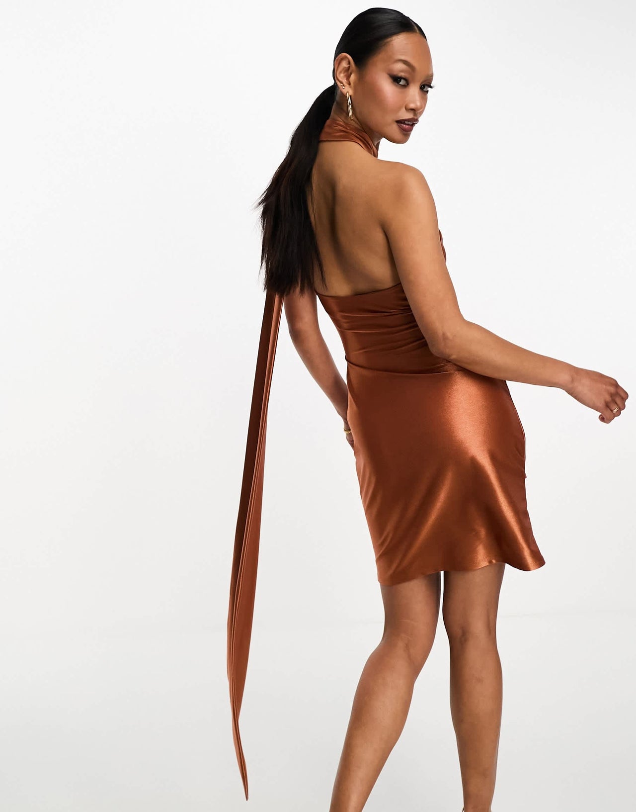 ASOS DESIGN one shoulder tie stretch satin mini dress in chocolate