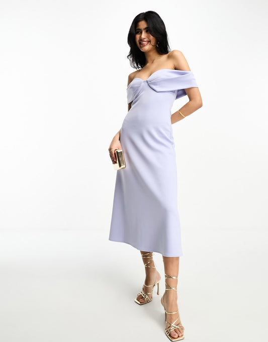 ASOS DESIGN off shoulder midi skater dress with thigh split in dusky pale blue