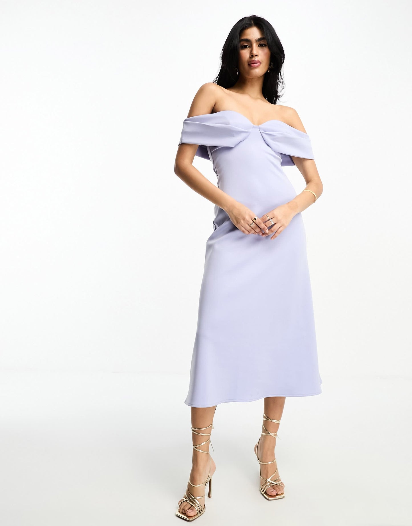 ASOS DESIGN off shoulder midi skater dress with thigh split in dusky pale blue